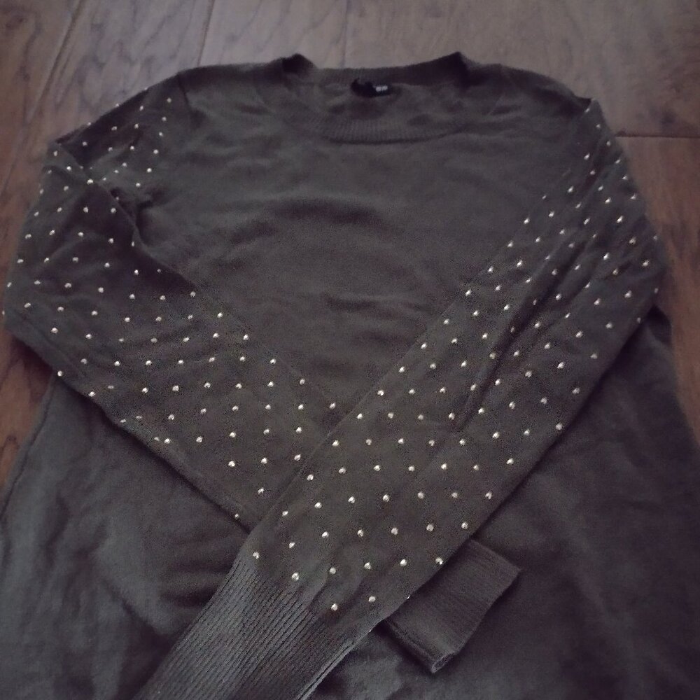 Express Small Olive Green Crewneck Sweater with Gold Embellished Sleeves